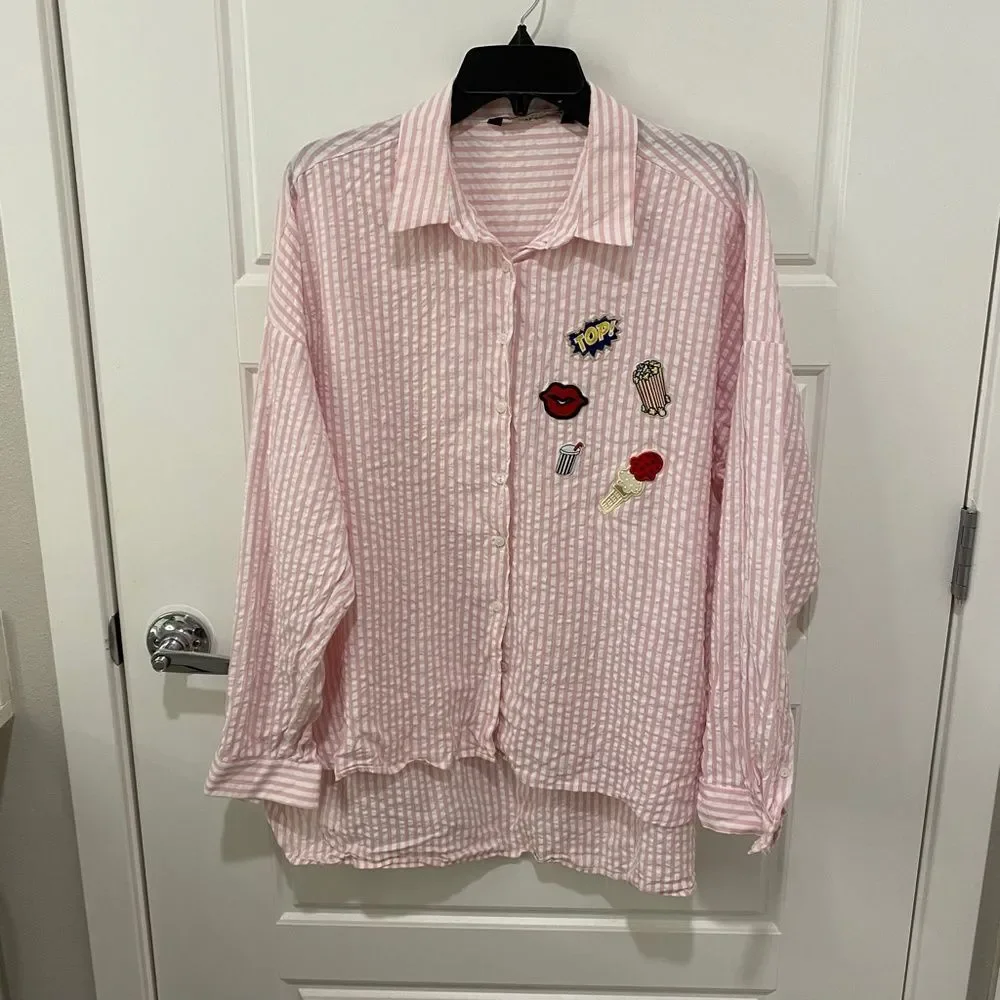 Zara Basic Pink White Striped Seersucker Patch High Low Button Down Shirt XL
